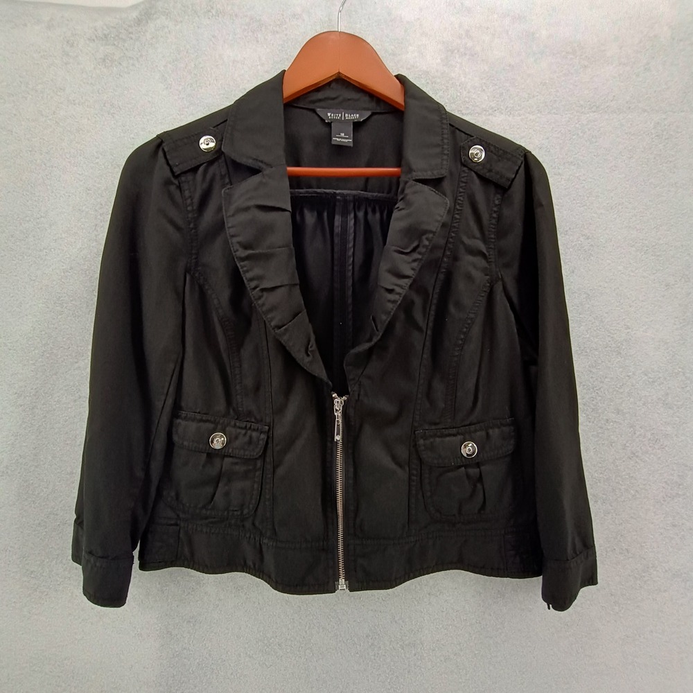 White House Black Market Womens Ruffle Zip Jacket Rayon Cotton Black Size 12